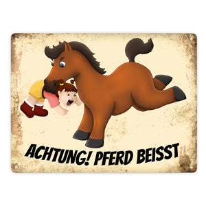 Metallschild mit Pferde Motiv und Spruch: Achtung! Pferd beisst - Warnschild Koppel