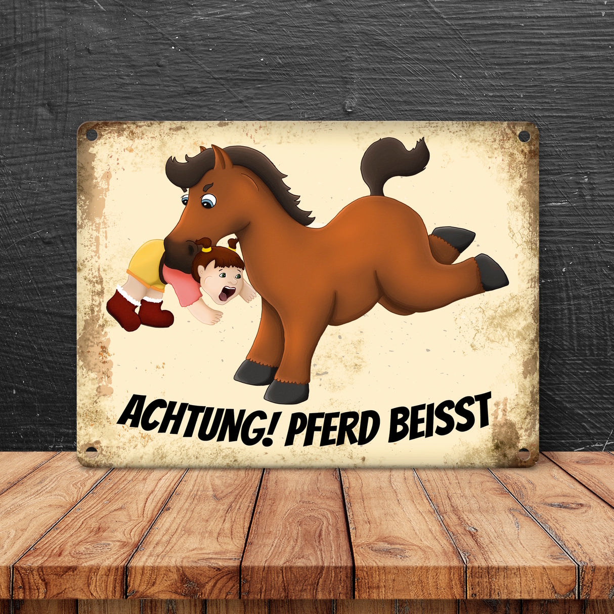 Metallschild mit Pferde Motiv und Spruch: Achtung! Pferd beisst - Warnschild Koppel