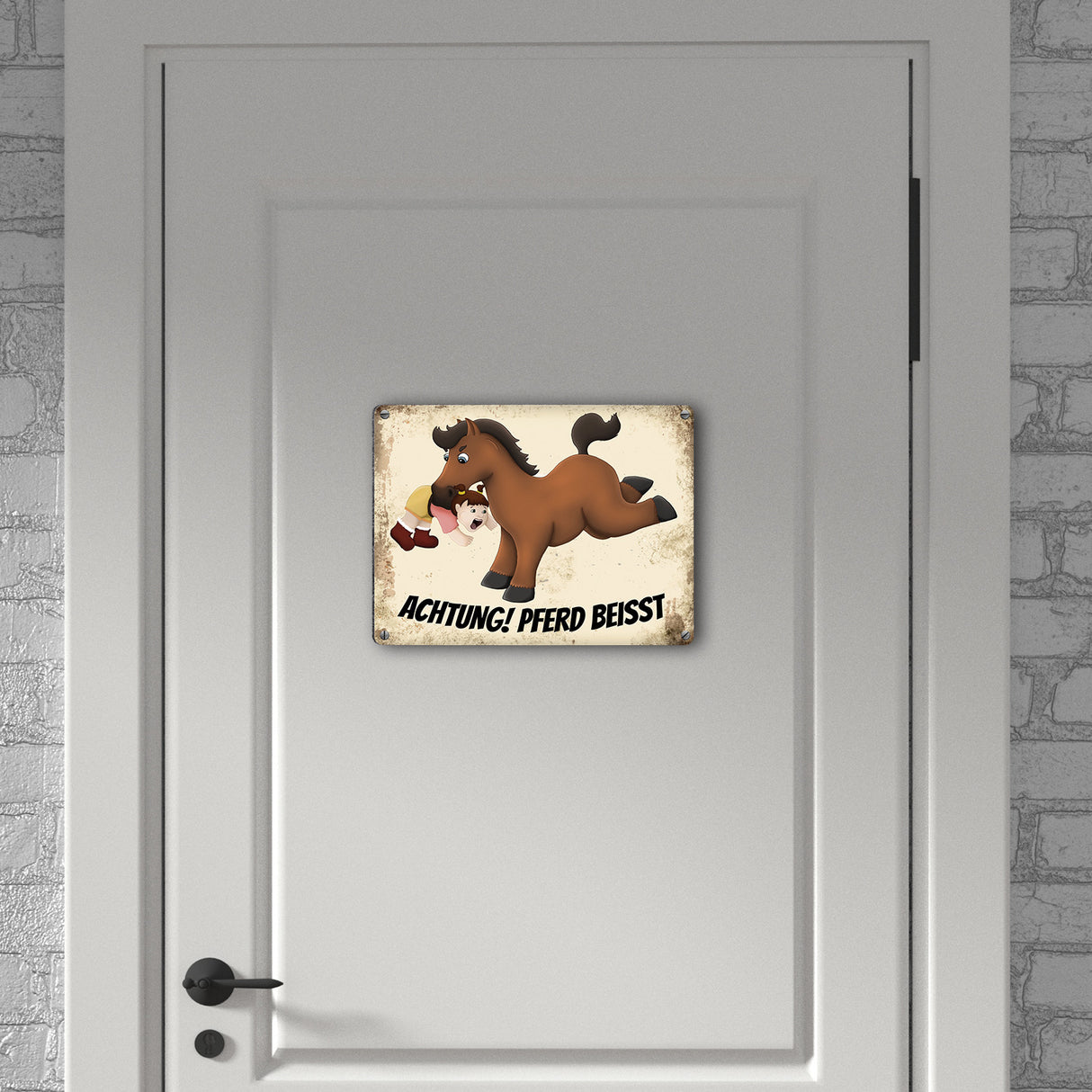 Metallschild mit Pferde Motiv und Spruch: Achtung! Pferd beisst - Warnschild Koppel