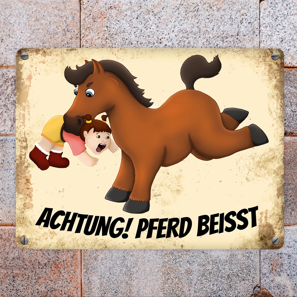 Metallschild mit Pferde Motiv und Spruch: Achtung! Pferd beisst - Warnschild Koppel
