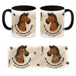 Kaffeebecher mit weißes Pferd Motiv und Spruch: Wer sauber von der Koppel kommt, ...