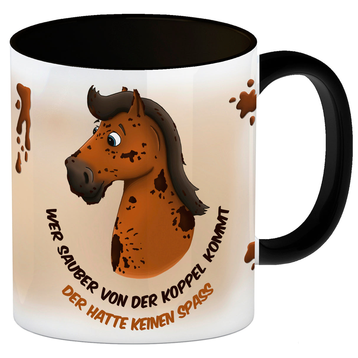 Kaffeebecher mit weißes Pferd Motiv und Spruch: Wer sauber von der Koppel kommt, ...