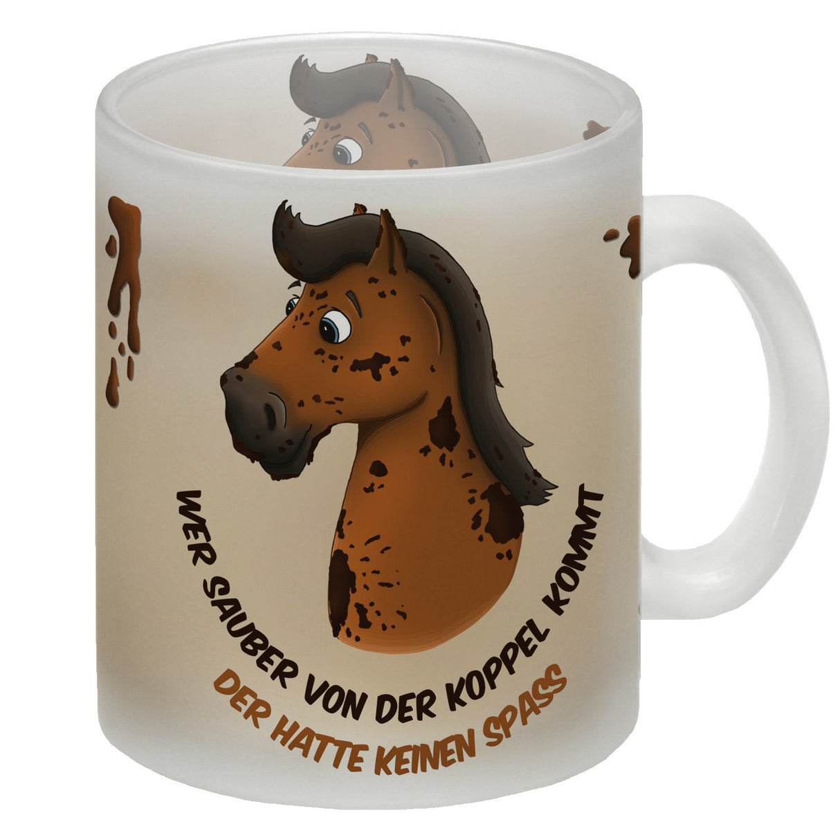 Kaffeebecher mit weißes Pferd Motiv und Spruch: Wer sauber von der Koppel kommt, ...
