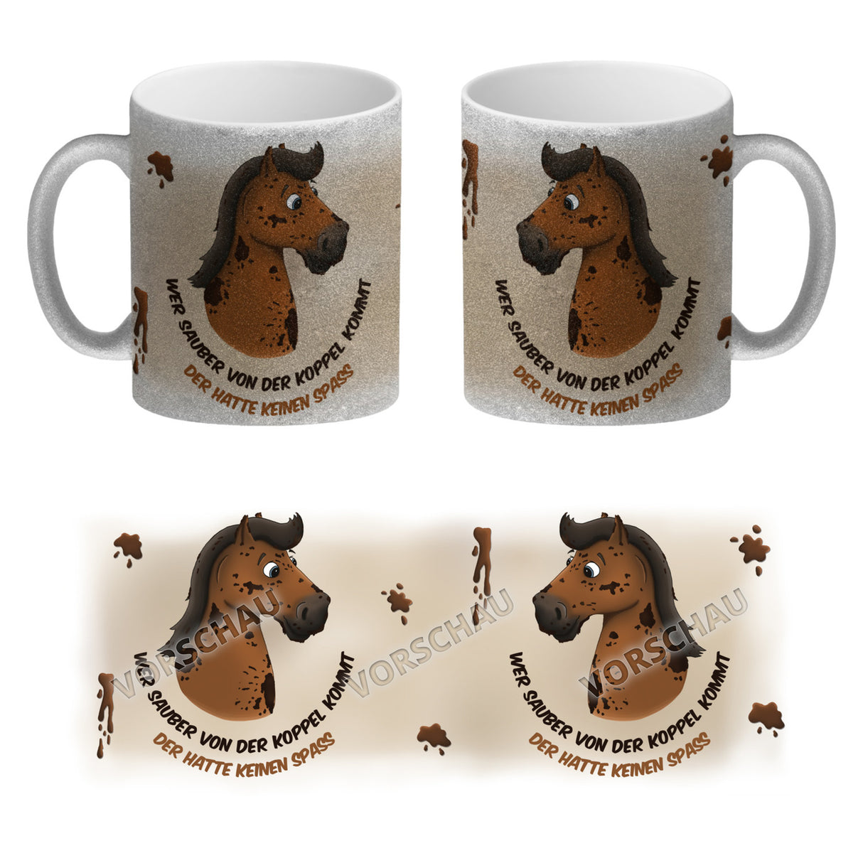 Kaffeebecher mit weißes Pferd Motiv und Spruch: Wer sauber von der Koppel kommt, ...