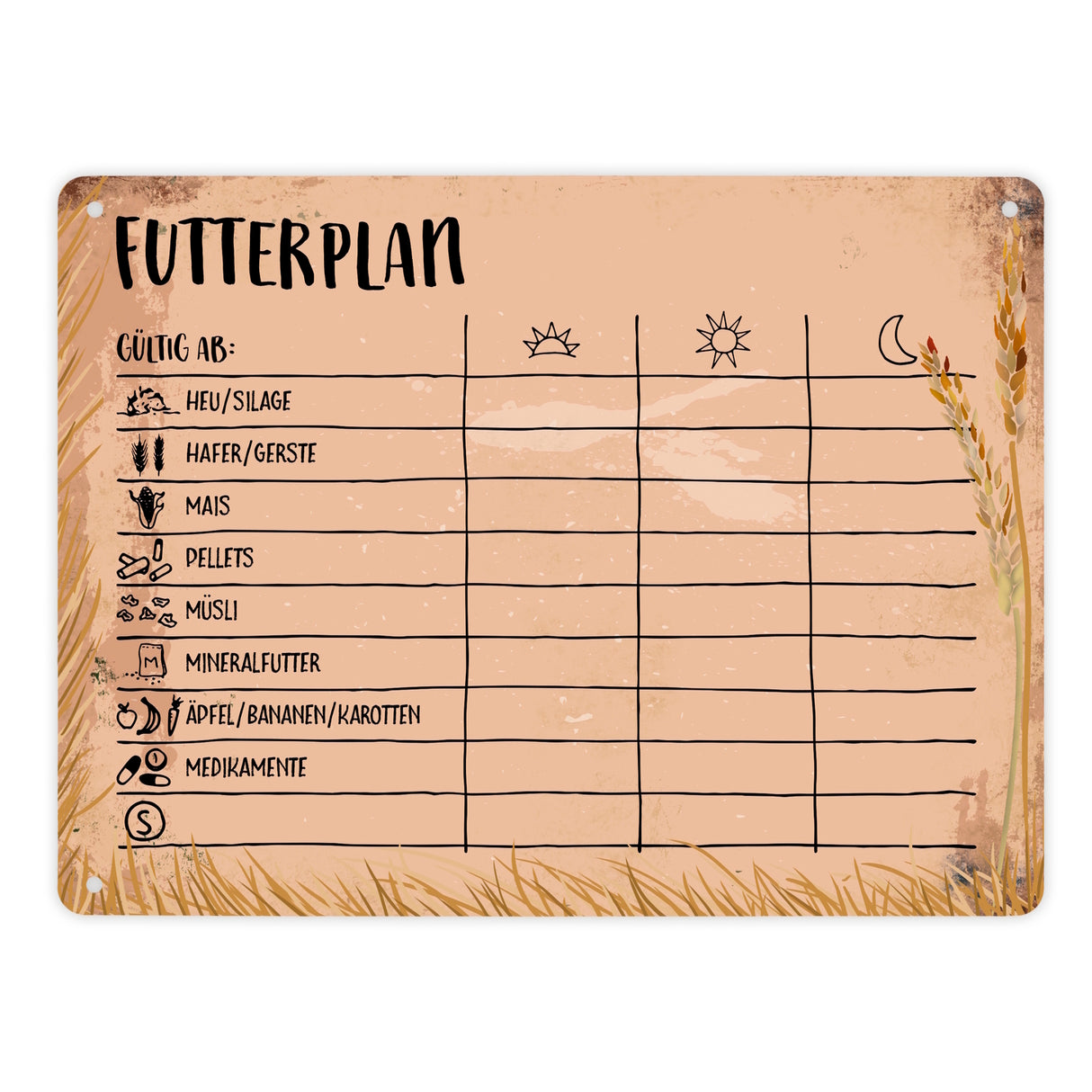 Metallschild mit Futterplan für Pferde Motiv