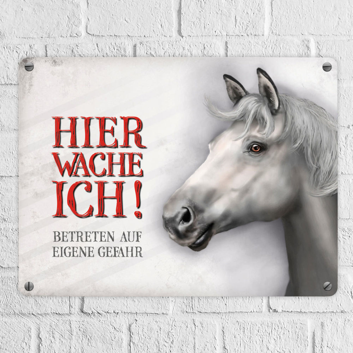 Metallschild mit Pferd Motiv und Spruch: Betreten auf eigene Gefahr - Koppelschild, Warnschild