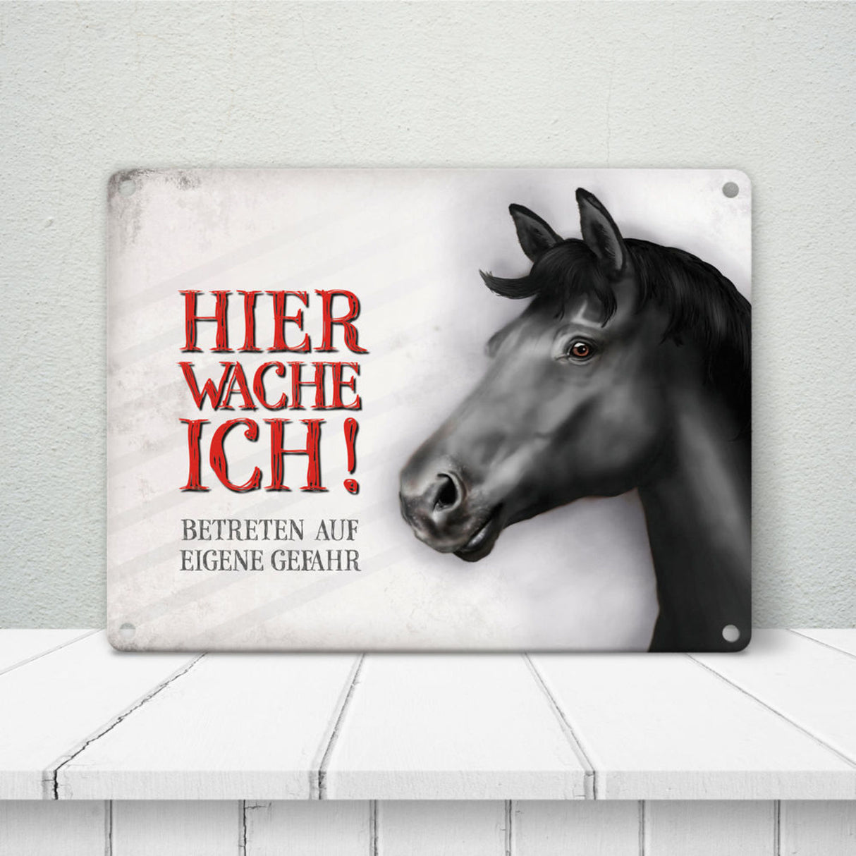 Metallschild mit Pferd Motiv und Spruch: Betreten auf eigene Gefahr - Koppelschild, Warnschild