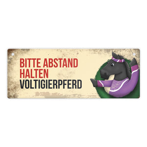 Metallschild mit schwarzem Voltigierpferd Motiv und Spruch: Bitte Abstand halten
