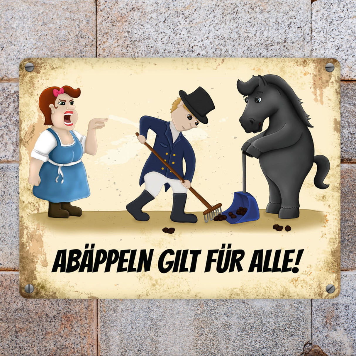 Metallschild mit Reiter und Pferde Motiv und Spruch: Abäppeln gilt für alle Absammeln Pferdeäpfel Reithalle Stall
