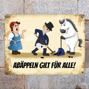 Metallschild mit Reiter und Pferde Motiv und Spruch: Abäppeln gilt für alle Absammeln Pferdeäpfel Reithalle Stall
