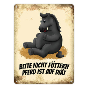 Metallschild mit Pferde Motiv und Spruch: Bitte nicht füttern - Pferd ist auf Diät