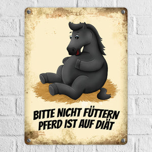 Metallschild mit Pferde Motiv und Spruch: Bitte nicht füttern - Pferd ist auf Diät