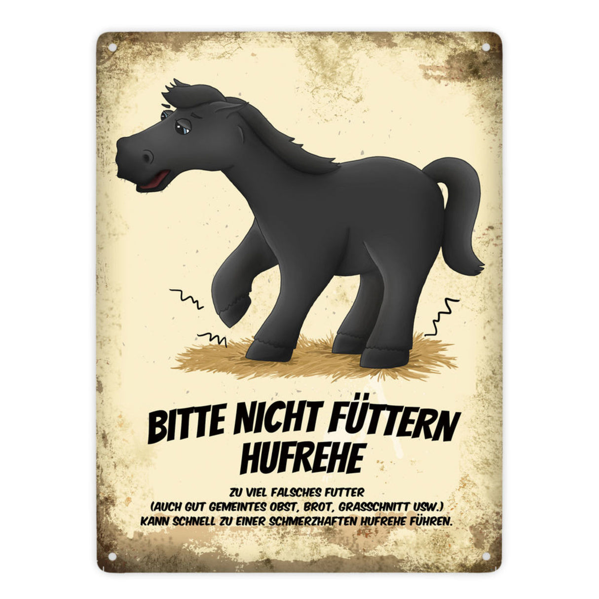 Metallschild mit Pferde Motiv und Spruch: Bitte nicht füttern - Hufrehe