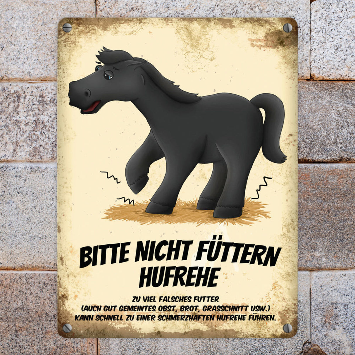 Metallschild mit Pferde Motiv und Spruch: Bitte nicht füttern - Hufrehe