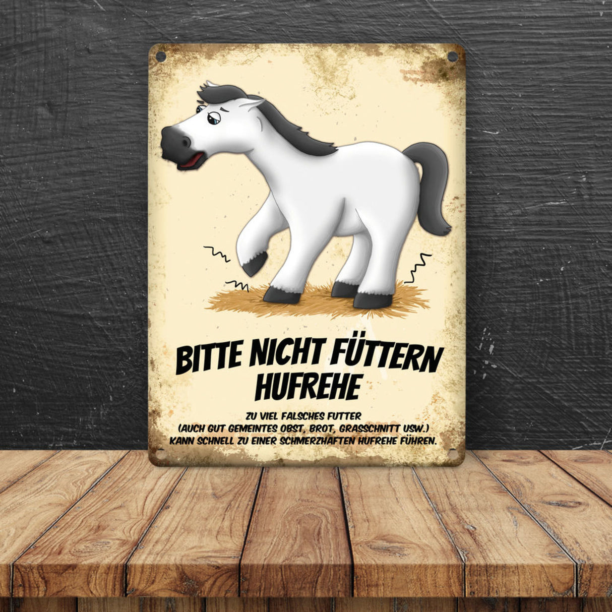 Metallschild mit Pferde Motiv und Spruch: Bitte nicht füttern - Hufrehe