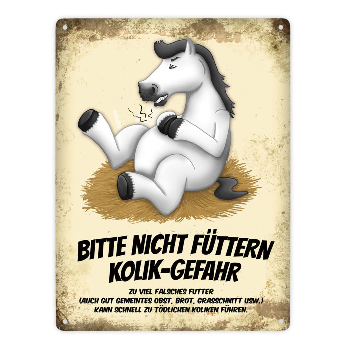 Metallschild mit Pferde Motiv und Spruch: Bitte nicht füttern - Kolik-Gefahr