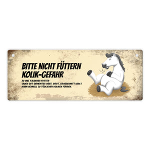 Metallschild mit weißem Pferd Motiv und Spruch: Bitte nicht füttern - Kolik-Gefahr