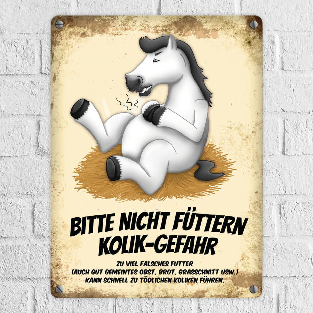 Metallschild mit Pferde Motiv und Spruch: Bitte nicht füttern - Kolik-Gefahr