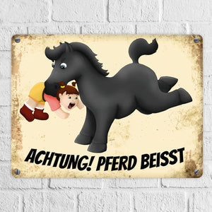Metallschild mit Pferde Motiv und Spruch: Achtung! Pferd beisst - Warnschild Koppel