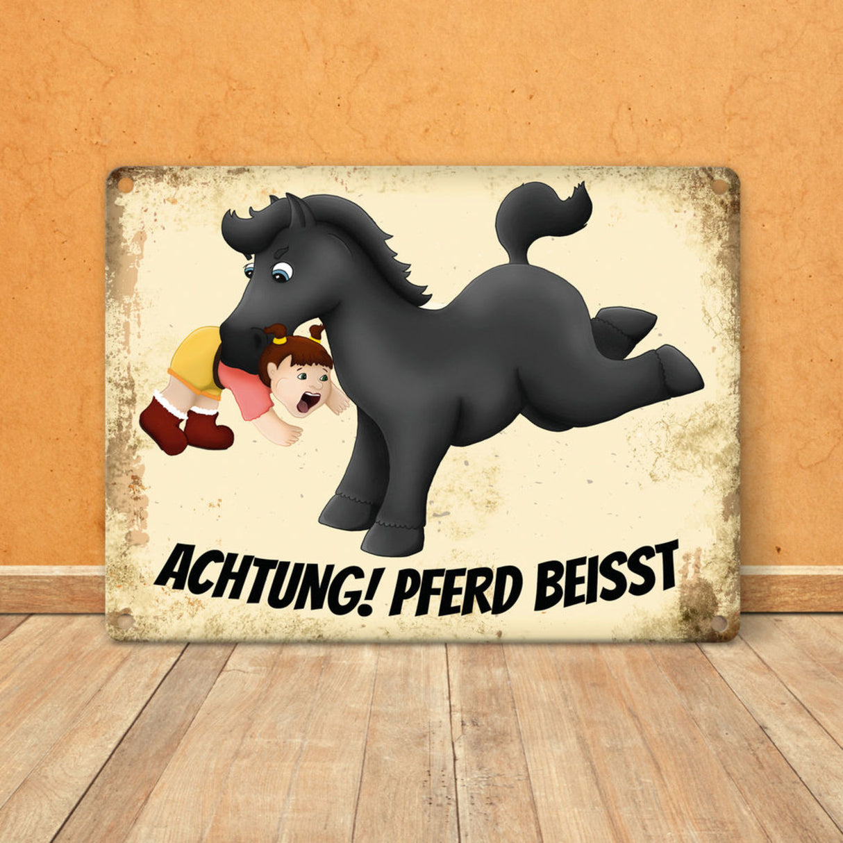 Metallschild mit Pferde Motiv und Spruch: Achtung! Pferd beisst - Warnschild Koppel