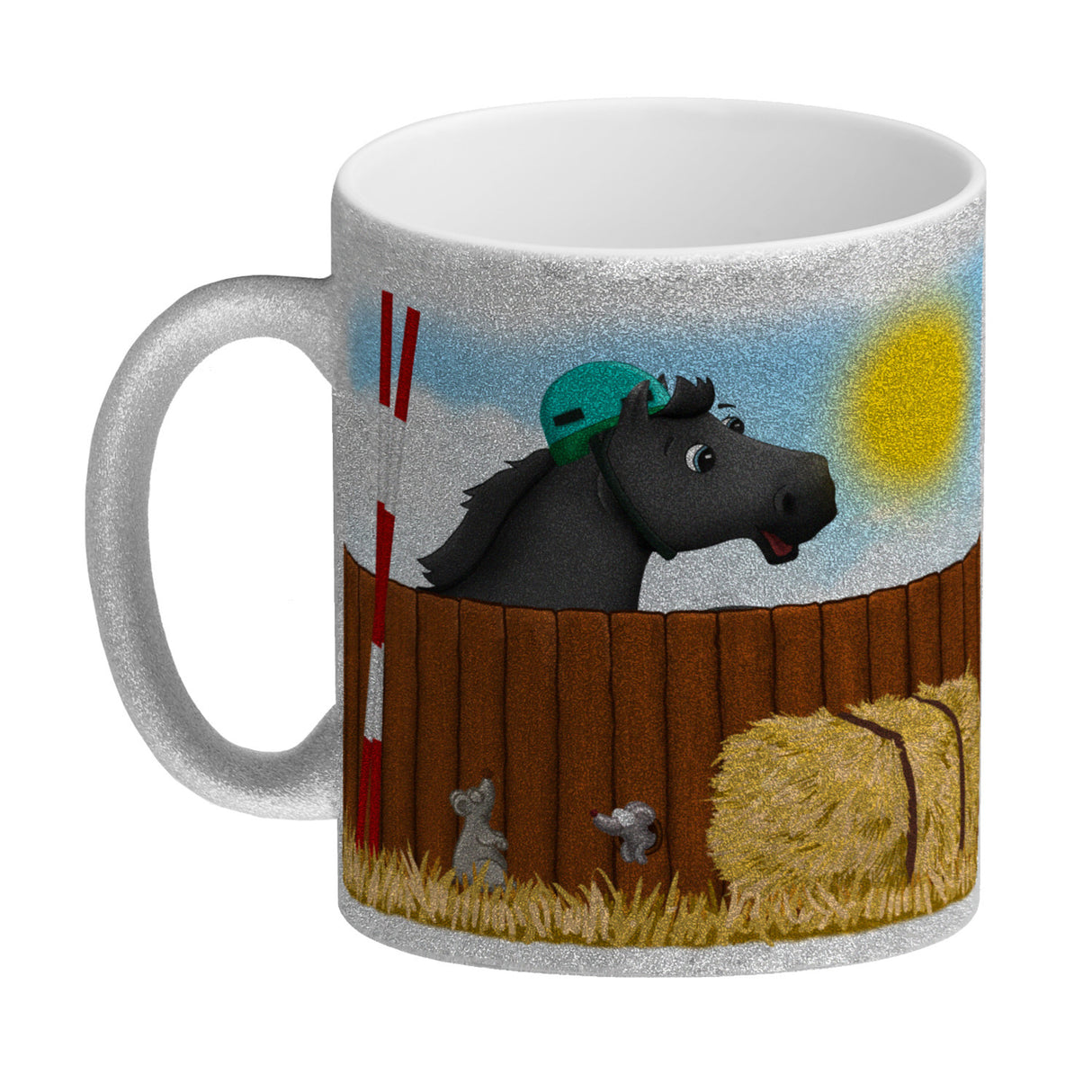 Kaffeebecher mit schwarzes Springpferd Motiv