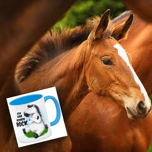 Kaffeebecher mit weißes Pferd Motiv und Spruch: Ich hab keinen Bock