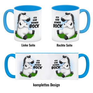 Kaffeebecher mit weißes Pferd Motiv und Spruch: Ich hab keinen Bock