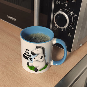 Kaffeebecher mit weißes Pferd Motiv und Spruch: Ich hab keinen Bock