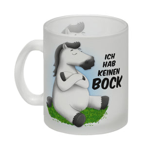 Kaffeebecher mit weißes Pferd Motiv und Spruch: Ich hab keinen Bock