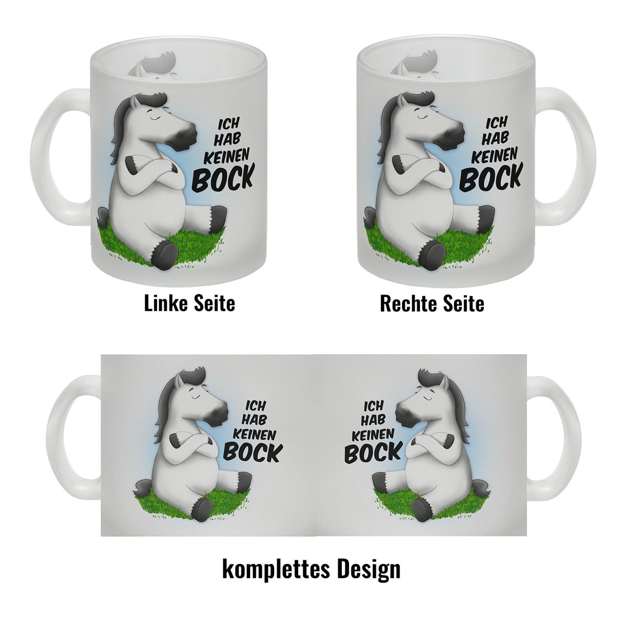 Kaffeebecher mit weißes Pferd Motiv und Spruch: Ich hab keinen Bock