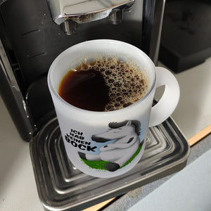 Kaffeebecher mit weißes Pferd Motiv und Spruch: Ich hab keinen Bock