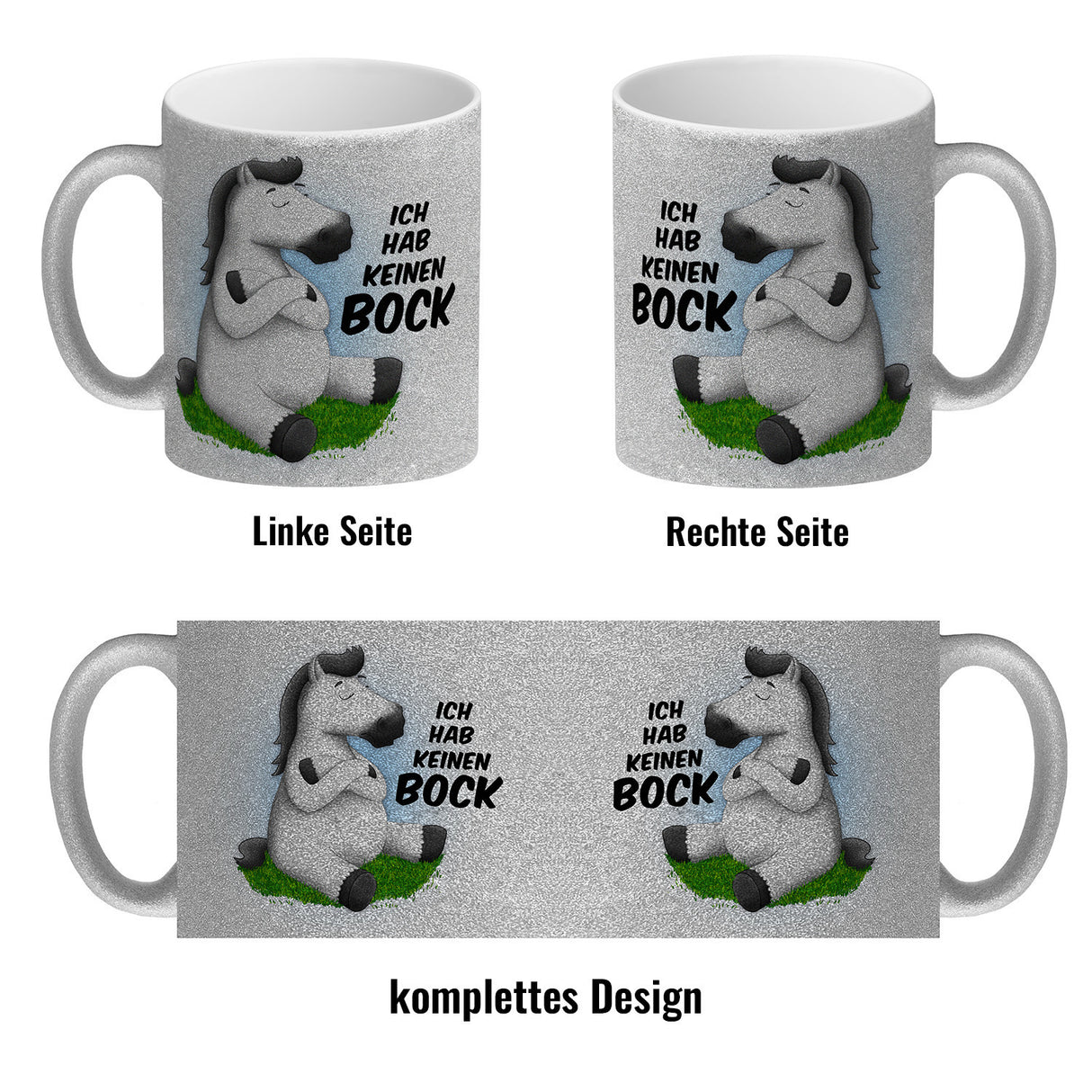 Kaffeebecher mit weißes Pferd Motiv und Spruch: Ich hab keinen Bock