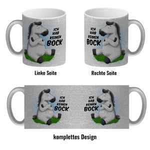 Kaffeebecher mit weißes Pferd Motiv und Spruch: Ich hab keinen Bock