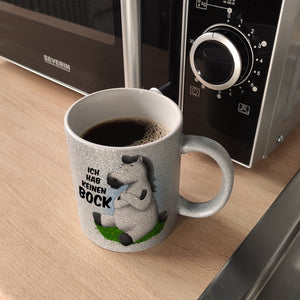 Kaffeebecher mit weißes Pferd Motiv und Spruch: Ich hab keinen Bock