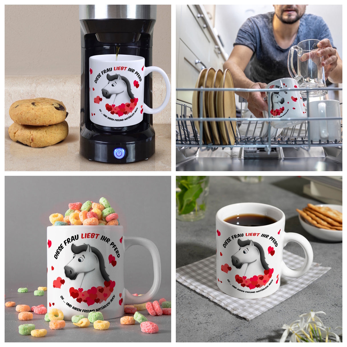 Kaffeebecher mit weißes Pferd Motiv und Spruch: Diese Frau liebt ihr Pferd. Oh ...