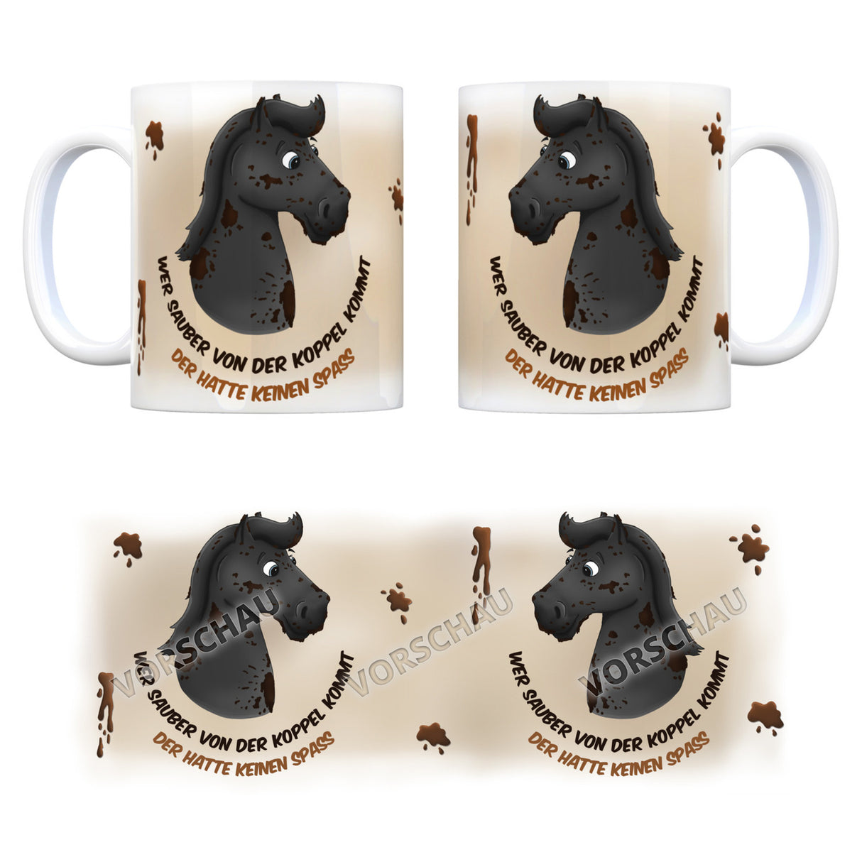 Kaffeebecher mit weißes Pferd Motiv und Spruch: Wer sauber von der Koppel kommt, ...