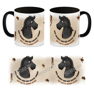 Kaffeebecher mit weißes Pferd Motiv und Spruch: Wer sauber von der Koppel kommt, ...