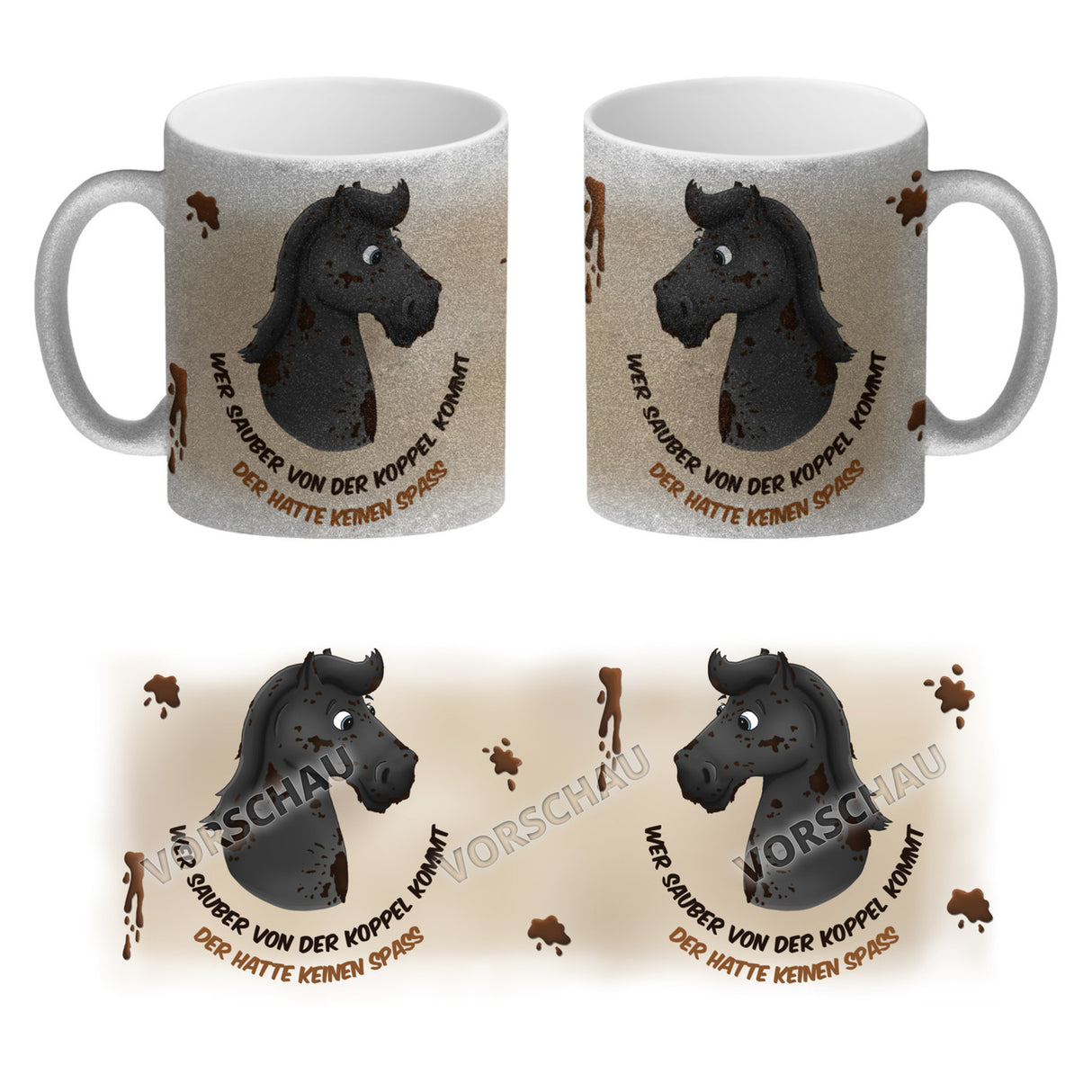 Kaffeebecher mit weißes Pferd Motiv und Spruch: Wer sauber von der Koppel kommt, ...