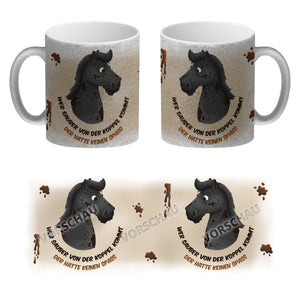 Kaffeebecher mit weißes Pferd Motiv und Spruch: Wer sauber von der Koppel kommt, ...