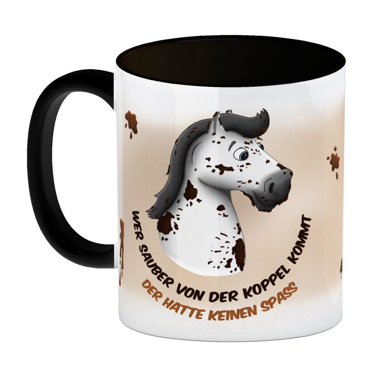 Kaffeebecher mit weißes Pferd Motiv und Spruch: Wer sauber von der Koppel kommt, ...