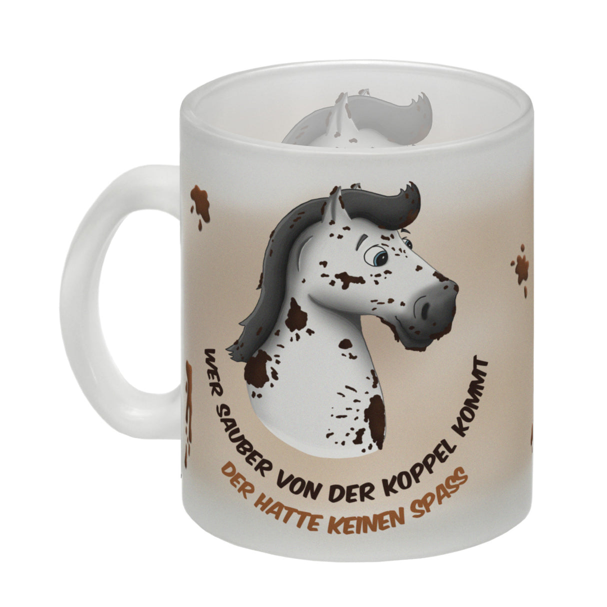 Kaffeebecher mit weißes Pferd Motiv und Spruch: Wer sauber von der Koppel kommt, ...