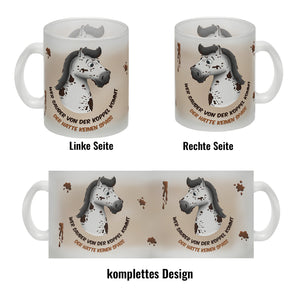 Kaffeebecher mit weißes Pferd Motiv und Spruch: Wer sauber von der Koppel kommt, ...