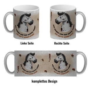Kaffeebecher mit weißes Pferd Motiv und Spruch: Wer sauber von der Koppel kommt, ...