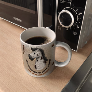 Kaffeebecher mit weißes Pferd Motiv und Spruch: Wer sauber von der Koppel kommt, ...