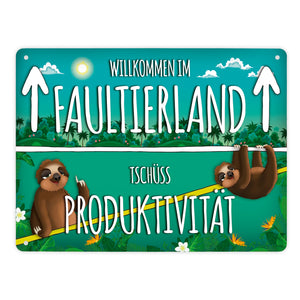Metallschild mit Faultier Motiv und Spruch: Willkommen im Faultierland - Tschüss ...