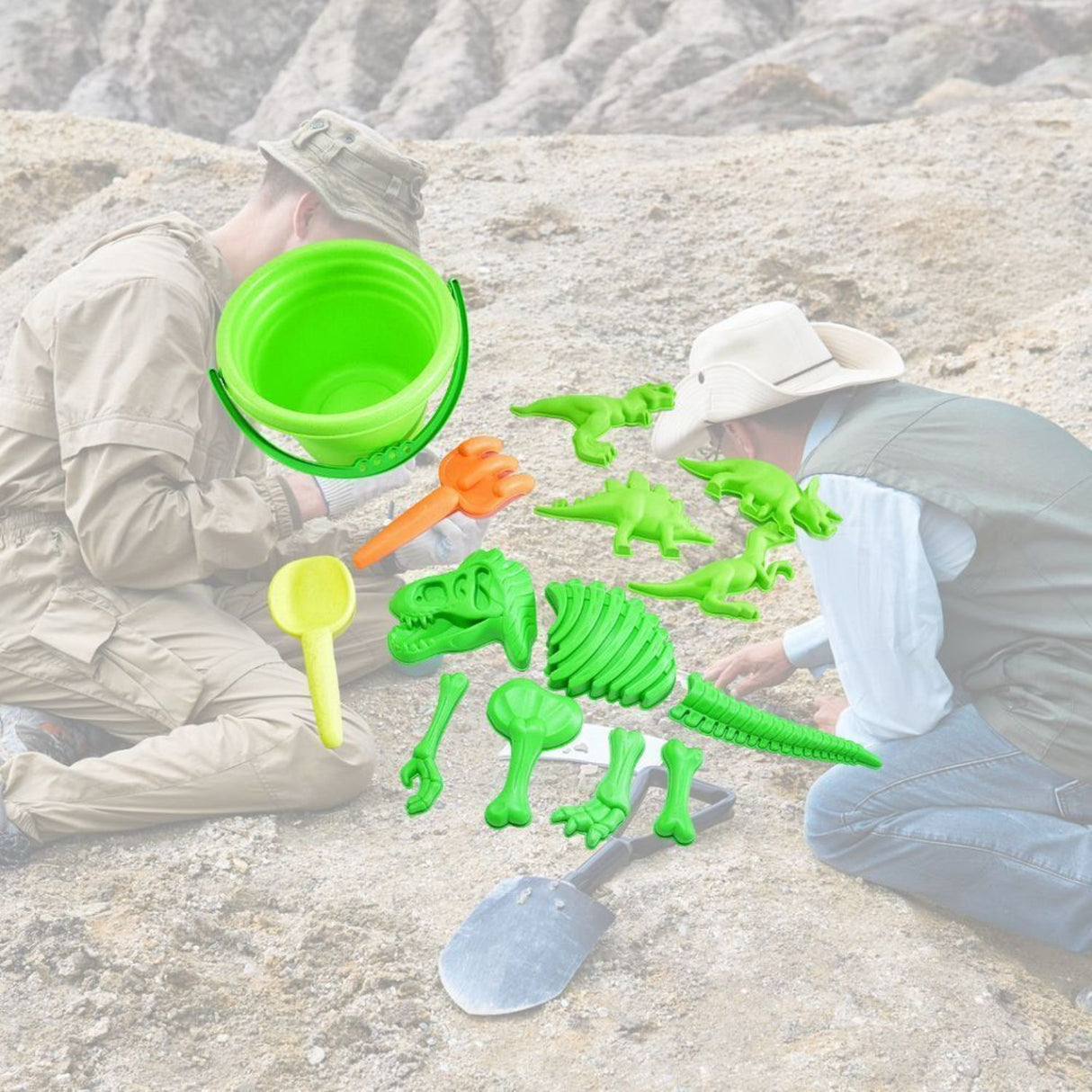 Dinosaurier Sandspielzeug mit Eimer, Werkzeug und 11 Formen