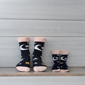 Mond und Sterne Socken Cucamelon Kuschelsocken für Mama und Kind in 38-40 & 1-4 Jahre (2 Paare)
