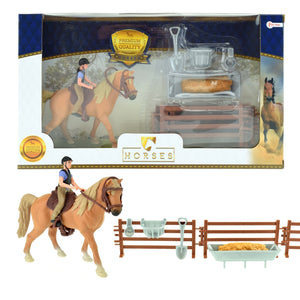Spielzeug Pferd und Reiter Set mit Zäunen, Fresstrog und Zubehör