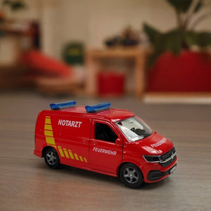 Volkswagen VW Feuerwehr Van mit Anhänger Spielzeug Volkswagen Feuerwehrauto mit Pull Back Motor