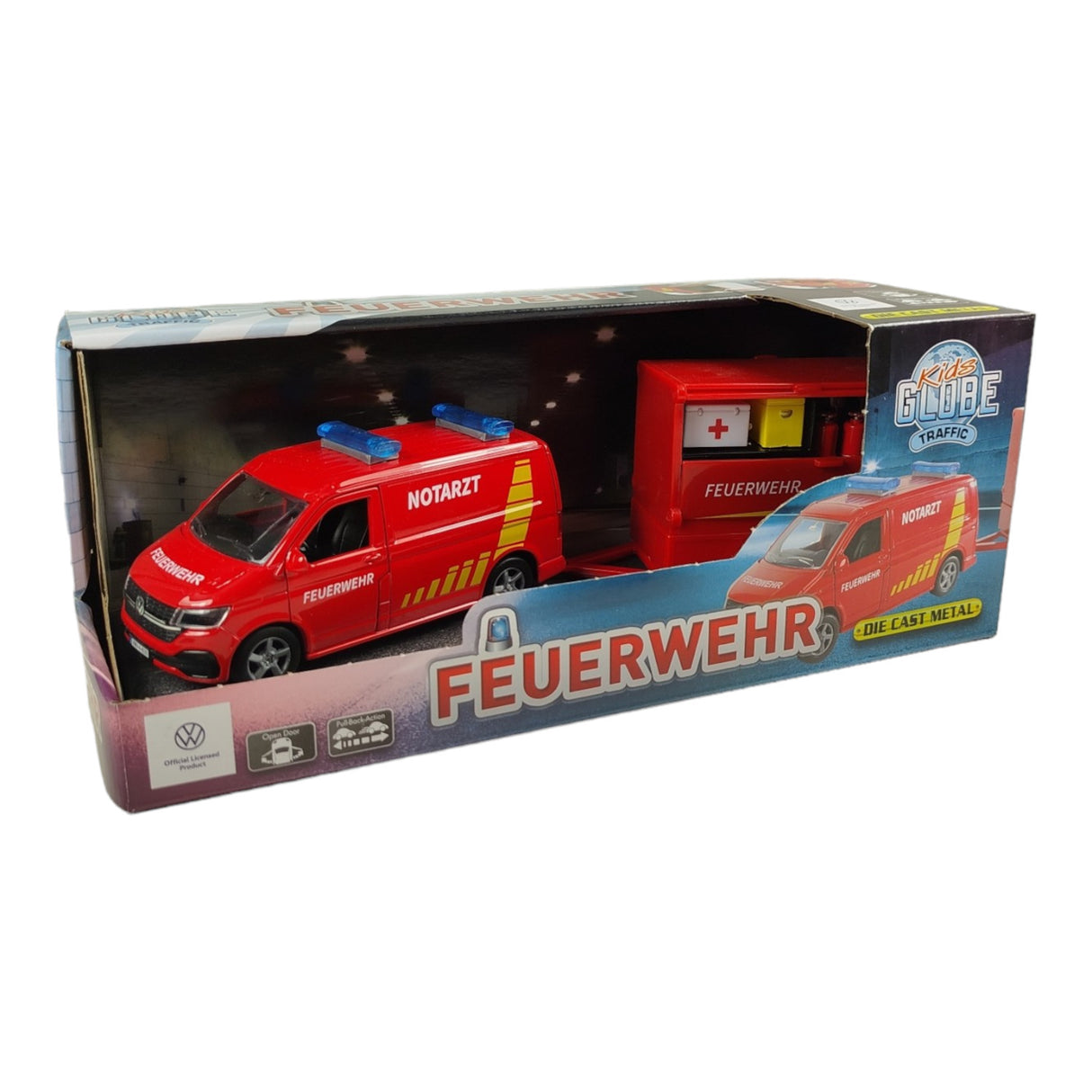Volkswagen VW Feuerwehr Van mit Anhänger Spielzeug Volkswagen Feuerwehrauto mit Pull Back Motor